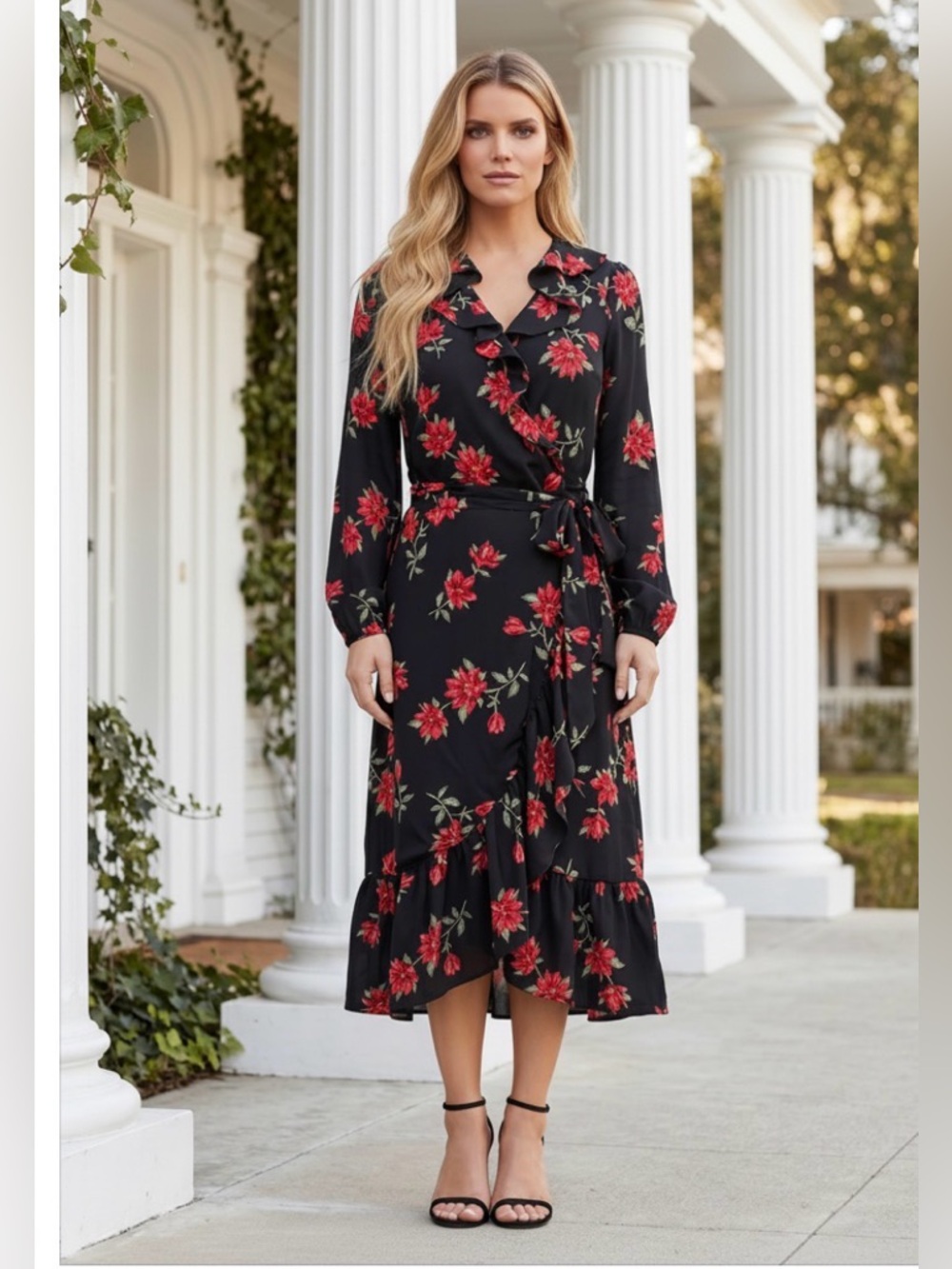 Draper James Wrap Dress Black and Red Midi True Wrap Dress Bishop Sleeves M NWT